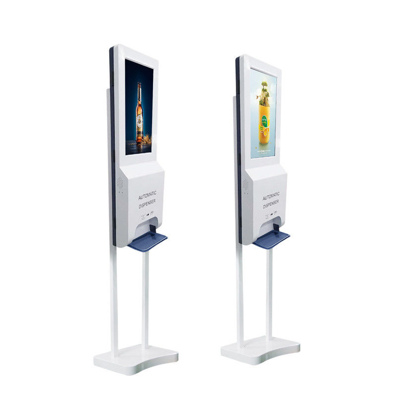 White LCD Advertising Screen With Auto Free Hand Sanitizer Dispenser 1000ml Plastic Bottle